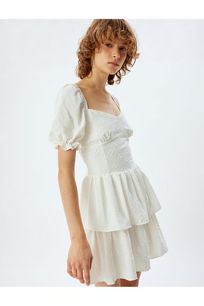 Koton Mini Layered Textured Flounce Balloon Sleeve Dress