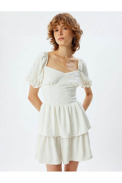 Koton Mini Layered Textured Flounce Balloon Sleeve Dress