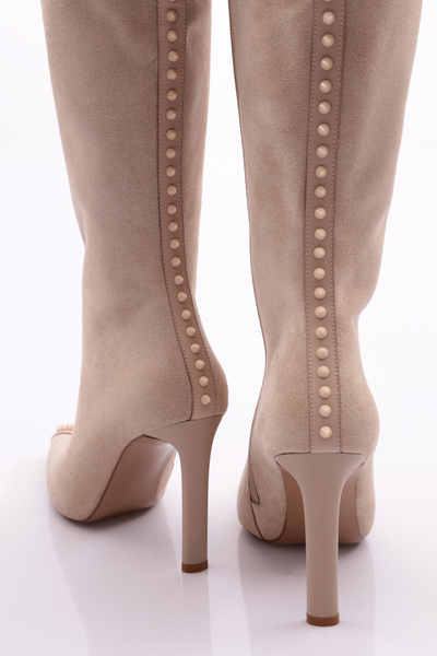 DGN Beige Suede Women's Heeled Boots - 63912859