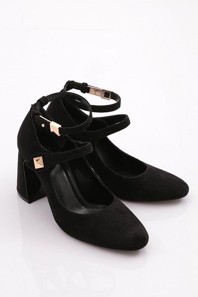 DGN Pantofi cu toc cu curele la gleznă de damă din piele intoarsa neagra 91843236