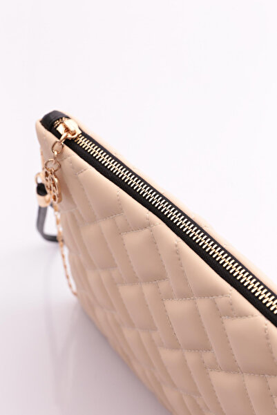 DGN Kadın Kare Desenli Fermuarlı Çanta Bej 52223448