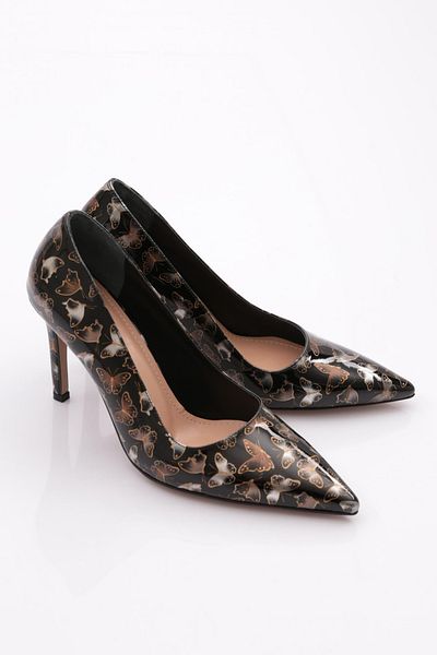 DGN Pantofi cu toc cu model fluture de damă cu vârf ascuțit cu model negru 23635910