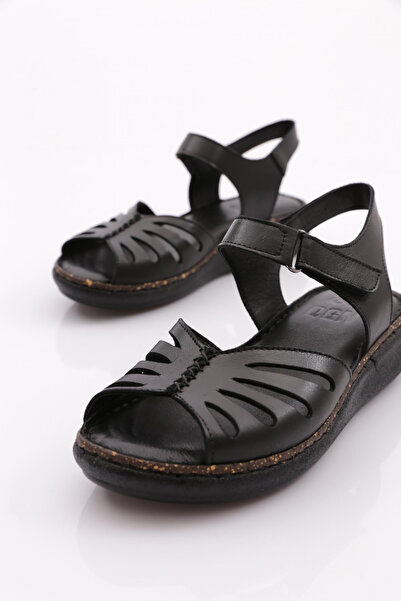 DGN Black Genuine Leather Women's Sandals - Velcro and Ankle Strap