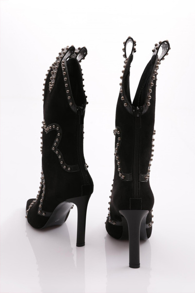 DGN Kadın Taş Işlemeli Topuklu Western Bot Siyah Süet 63842859