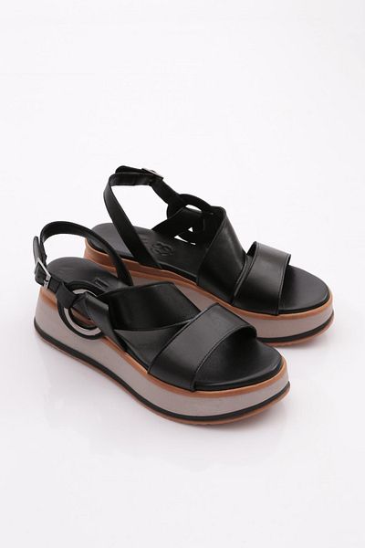 DGN Black Genuine Leather Women's Sandals - 51135108