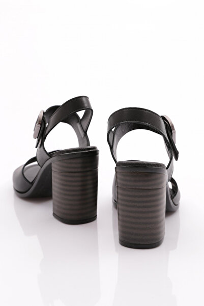 DGN Black Genuine Leather Women's Heeled Sandals - 228135108