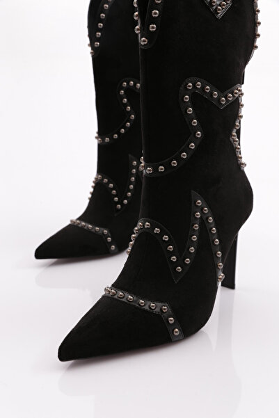 DGN Kadın Taş Işlemeli Topuklu Western Bot Siyah Süet 63842859