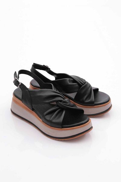 DGN Black Genuine Leather Women's Sandals - 91135108
