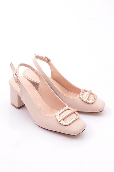 DGN Pantofi cu toc pentru damă, cu spatele deschis, cu accesorii metalice, nubuc bej 217722621