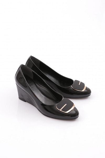 DGN Black Patent Leather Wedge Shoes with Silver Stone Buckle - 364373539
