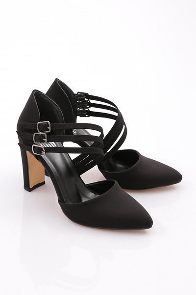 DGN Pantofi cu toc cu centură de gleznă cu toc gros de damă, nubuc negru 42933910