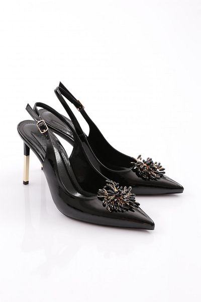 DGN Women's Open Back Metal Brooch Heeled Shoes Black Patent Leather 101233557