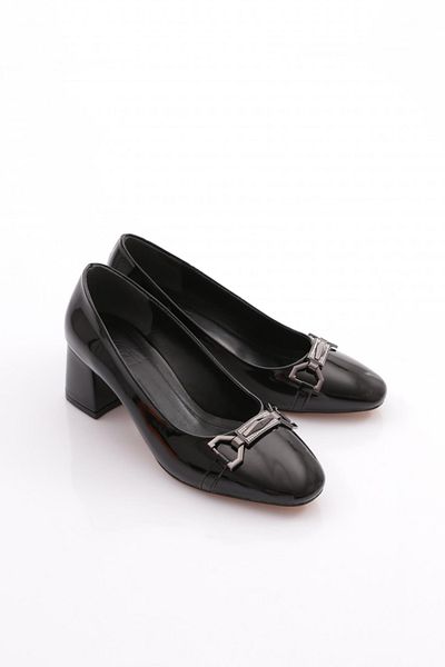 DGN Pantofi cu toc dama din piele lacuita neagra - catarama, model 362453539