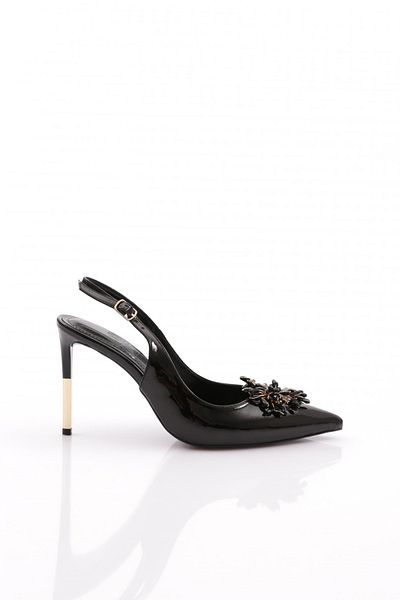 DGN Women's Open Back Metal Brooch Heeled Shoes Black Patent Leather 101233557