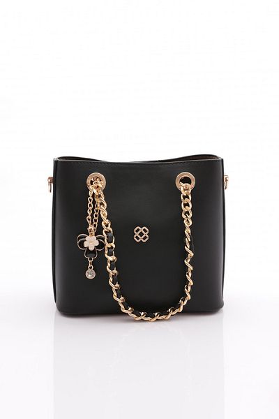 DGN Women's Flower Brooch Chain Detailed Bag Black 81103555