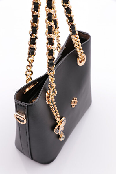 DGN Women's Flower Brooch Chain Detailed Bag Black 81103555