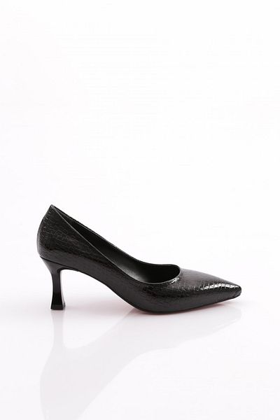 DGN Pointed Toe Low-Cut Heeled Shoes Black Wrinkled Crocodile 43121029