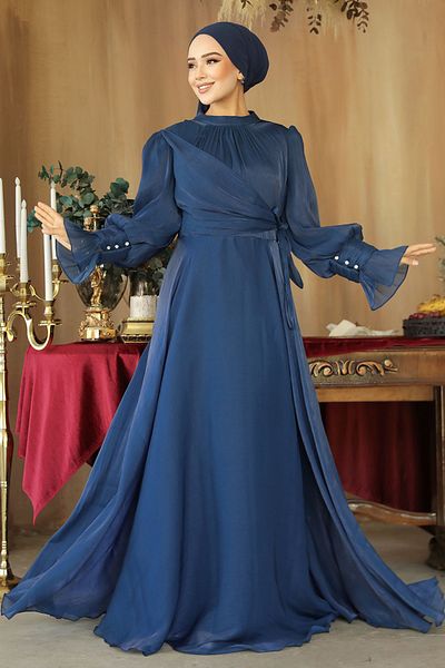 Neva Style Βραδινό φόρεμα Hijab Navy Blue με λεπτομέρεια δεμένης 48051l