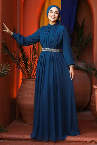 Neva Style Rochie de seară hijab verde petrol plisată 25888py