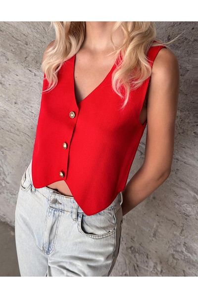 fujya Women's V-Neck Stylish Buttoned Red Knitwear Vest