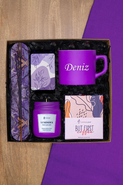 TrendHediye Kişiye Özel Mor Nescafe Fincanı, Kahve, Mum, Tütsü Hediye Seti