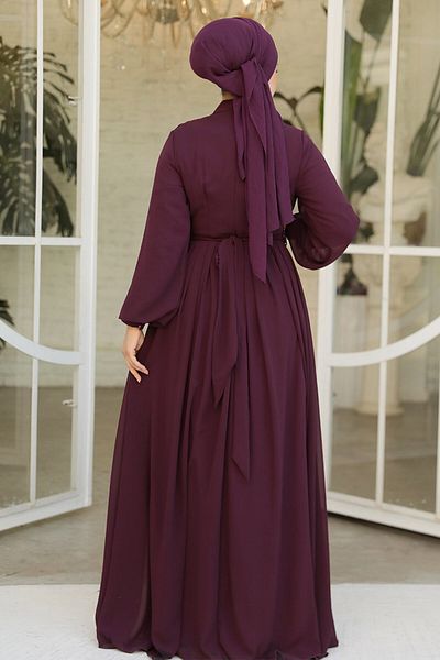 Neva Style Rochie de seara cu hijab - Rochie de seara musulmana cu pliuri prune 25888mu