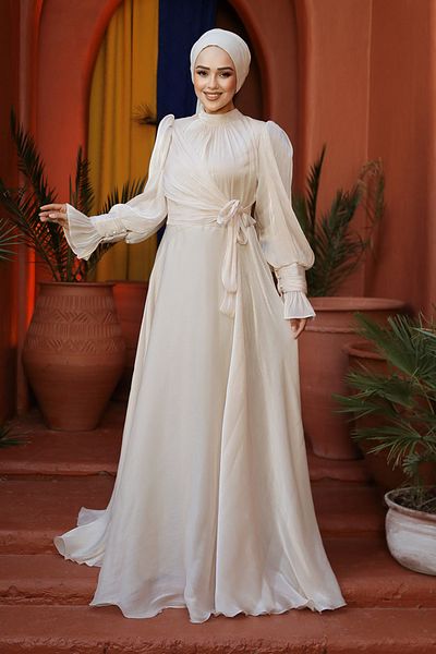 Neva Style Rochie de seara cu hijab - Rochie de seara hijab bej cu detaliu de siret 48051bej