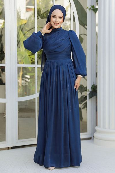 N.S NEVA STYLE Βραδινό φόρεμα με ντραπέ Μπλε ναυτικό Hijab 44081L