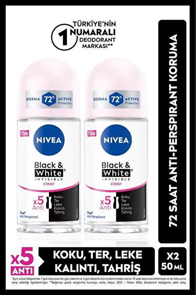 NIVEA Kadın Roll-on Deodorant Black&white Invisible Clear 50ml, 72 Saat Anti-perspirant, X2 Adet