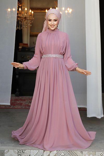 Neva Style Βραδινό φόρεμα Hijab με πλισέ πούδρα 25888pd