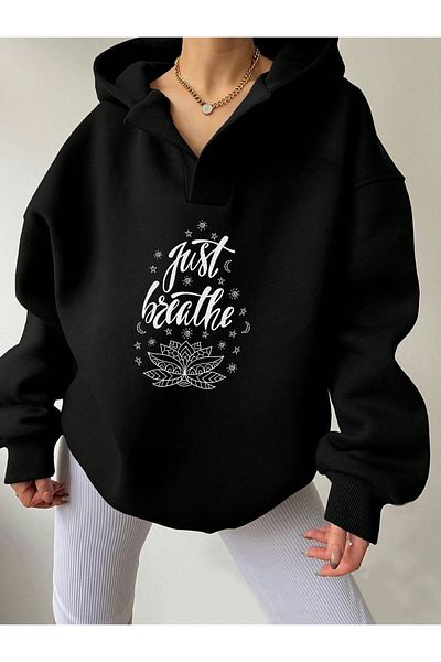 Deocept Μπλουζάκι Unisex με κουκούλα με λαιμόκοψη σε μαύρο εμπριμέ Basic Oversize