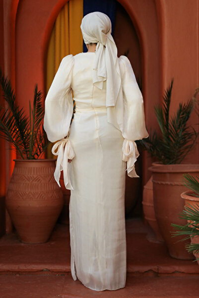 Neva Style Drape Detailed Ecru Hijab Evening Dress 47261E