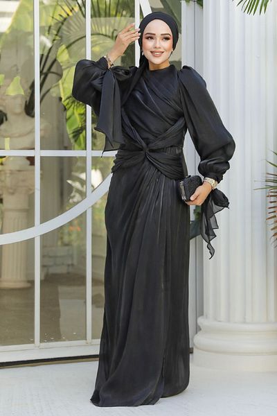 Neva Style Rochie de seara cu hijab - Rochie de seara neagra cu hijab cu detaliu drapat 47261s