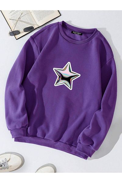 SOFTWAY Unisex Oversize Shining Metallic Star Baskılı Basic φούτερ – Μωβ