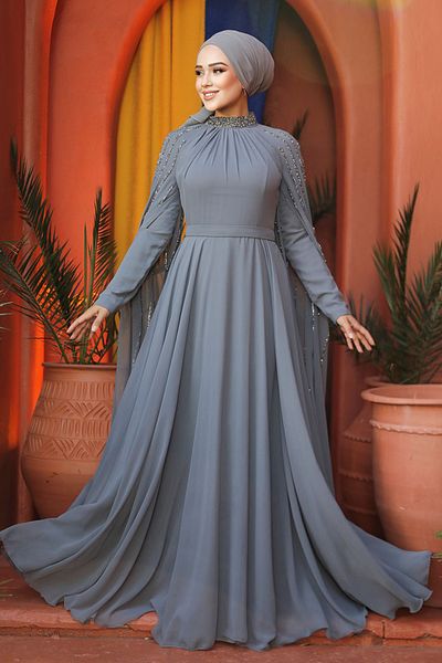 Neva Style Cloak Detailed Gray Hijab Evening Dress 47381Gr