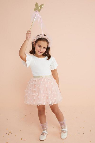 Le Mabelle Salmon Butterfly Appliqued Girl's Tulle Skirt - Pauline