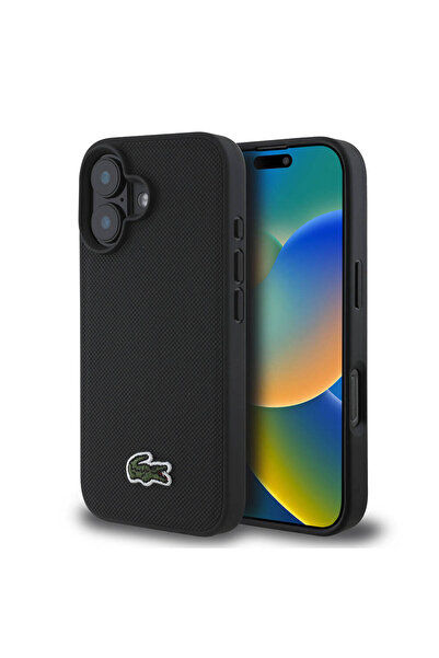 Lacoste iPhone 16 Plus Kılıf Lacoste  Lisanslı PU Pike Desenli İkonik Timsah Dokuma Logolu Siyah