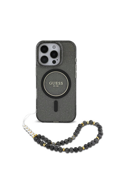 Guess iPhone 16 Pro Max Uyumlu Kılıf Guess  Lisanslı Magsafe Özellikli Simli Silikon İnci Bileklikli Siyah
