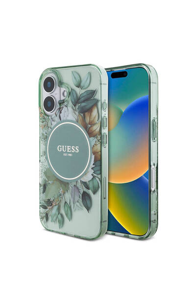 Guess iPhone 16 Plus Case Guess Licensed Magsafe Feature Iml Printed Flower Pearl with Bracelet Green