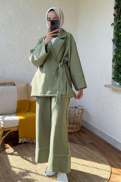 Salih Çelebi 2173 Kimono Set with Piping Detail - Khaki