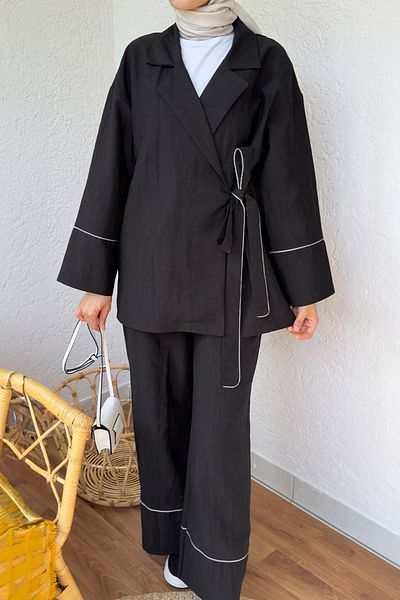Salih Çelebi 2173 Kimono Set with Piping Detail - Black