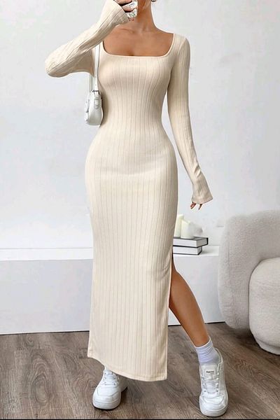 missamour Women's Trend U-Neck Slit Long-Sleeved Thick Wick Dress