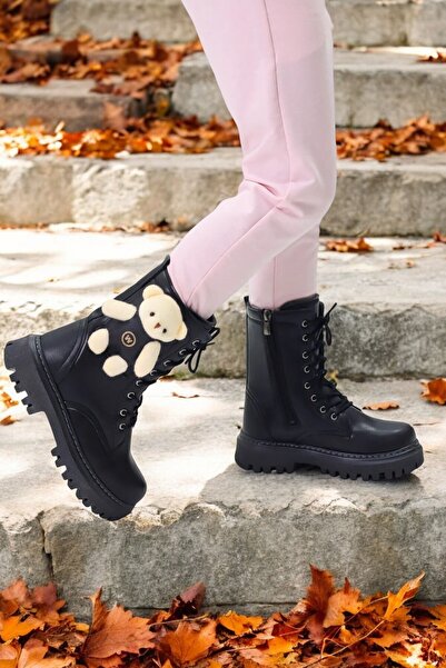 Weynes Cizme zilnice ortopedice cu ursuleț negru pentru fete WSB1096