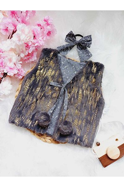 bright moon Girl - Double Sided Plush Vest and Buckle Set with Pompom Detail