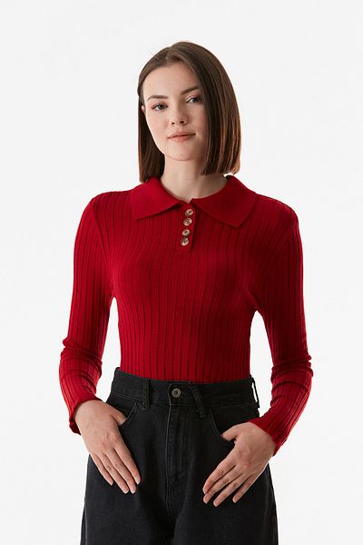 Fulla Moda Ribbed Half Buttoned Shirt Collar Knitwear Sweater