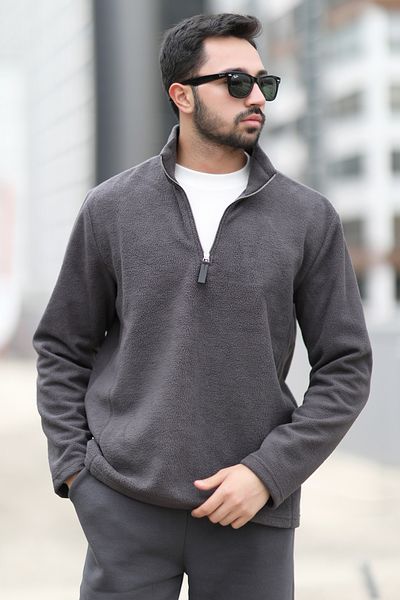 JB John Borners Men's Winter Anthracite Fleece Sweatshirt - Half Zipper, Stand Collar Throat - 6053