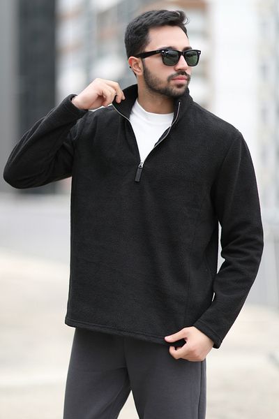 JB John Borners Men's Winter Fleece Sweatshirt Black Half Zipper Stand Collar Throat - 6053