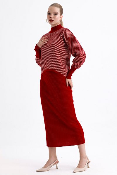 MD trend Women's Half Turtleneck Striped Asymmetrical Sweater and Ribbed Dress Double Knitwear Set