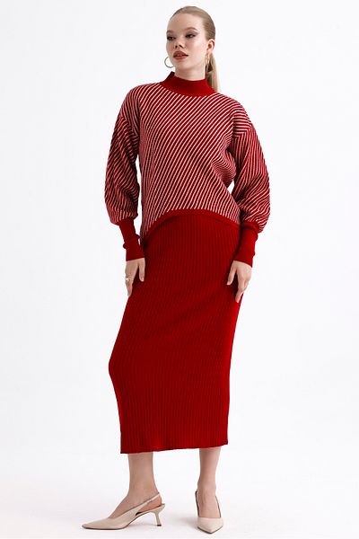 MD trend Women's Half Turtleneck Striped Asymmetrical Sweater and Ribbed Dress Double Knitwear Set
