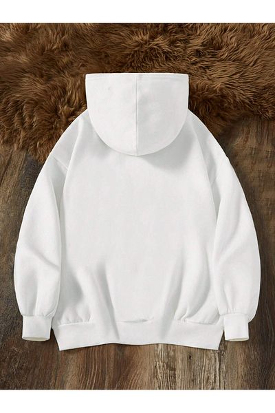 Harmandar White Floral Printed Thick Fluffy Unisex Sweatshirt - Kangaroo Pocket and Hood